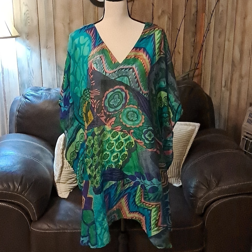 Soft Surroundings Silk Boho Multicolor Floral V-Neck Adelaide Caftan Size L/XL